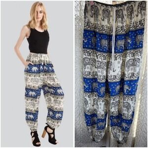 Vintage Inspired Elephant Print Harem Pants Boho Lounge Festival Wear Blue/Black